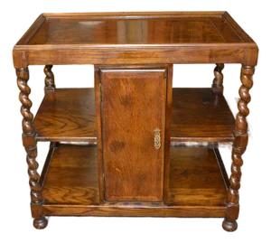 Attributed to Henredon Barley Twist Dark Oak Wood End / Side Table With Center Cupboard & Shelves