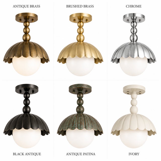 Handmade brass flush mount ceiling light featuring a scalloped flower-style shade and frosted milk glass globe. Designed...