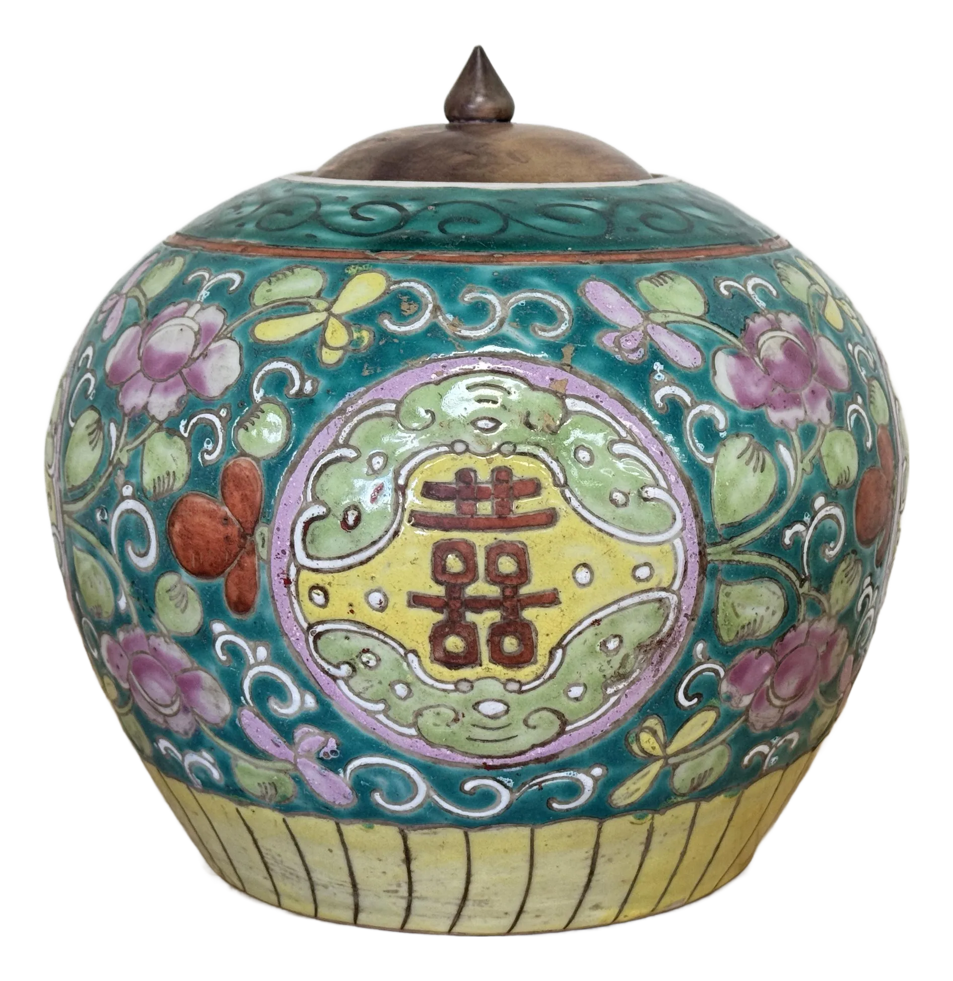 Antique 19th C Chinese Green Floral Motif Double Happiness Ginger