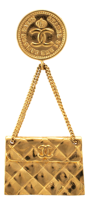 Vintage Chanel Gold Plated Hanging Flap Bag Motif Pin Brooch