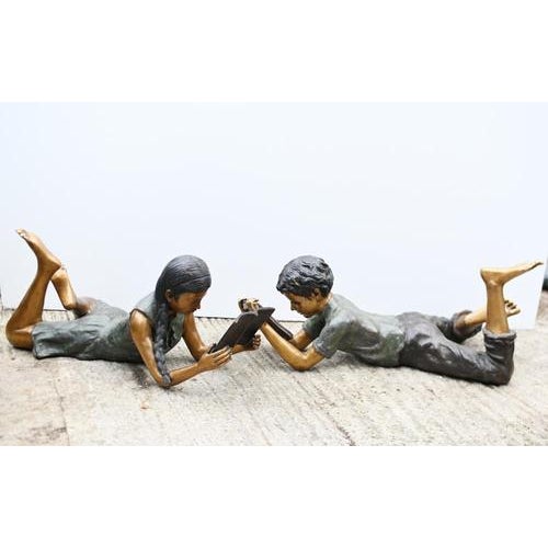 Lifesize Reading Boy and Girl Statues in Bronze, Set of 2 For Sale - Image 13 of 13