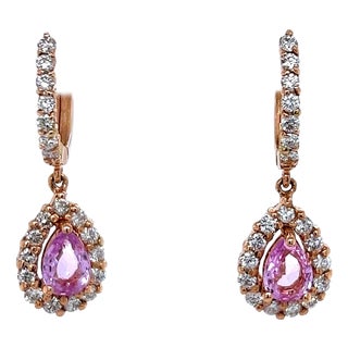 2.86 Carat Pink Sapphire Diamond Rose Gold Drop Earrings, A Pair For Sale