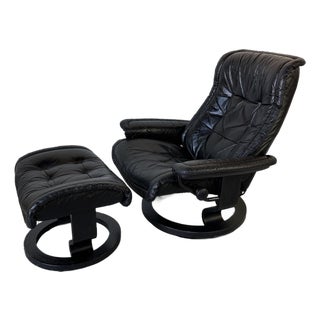 Vintage Norwegian Ekornes Stressless Black Leather Recliner Lounge Chair With Ottoman For Sale