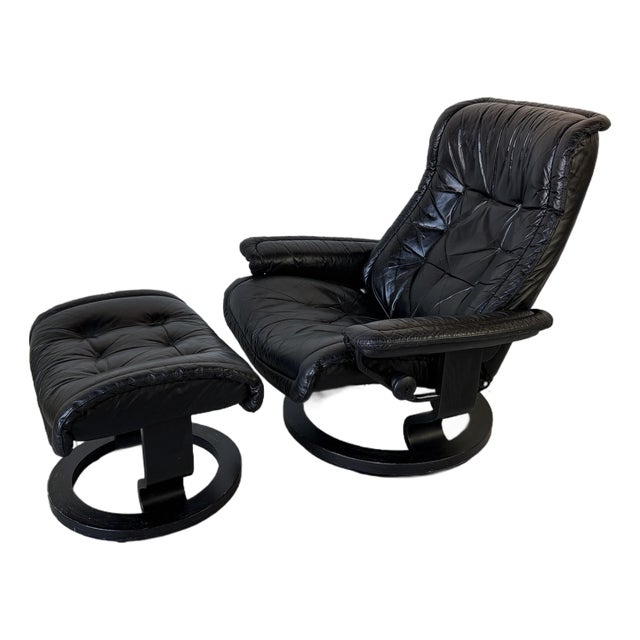 Vintage Norwegian Ekornes Stressless Black Leather Recliner Lounge Chair With Ottoman For Sale