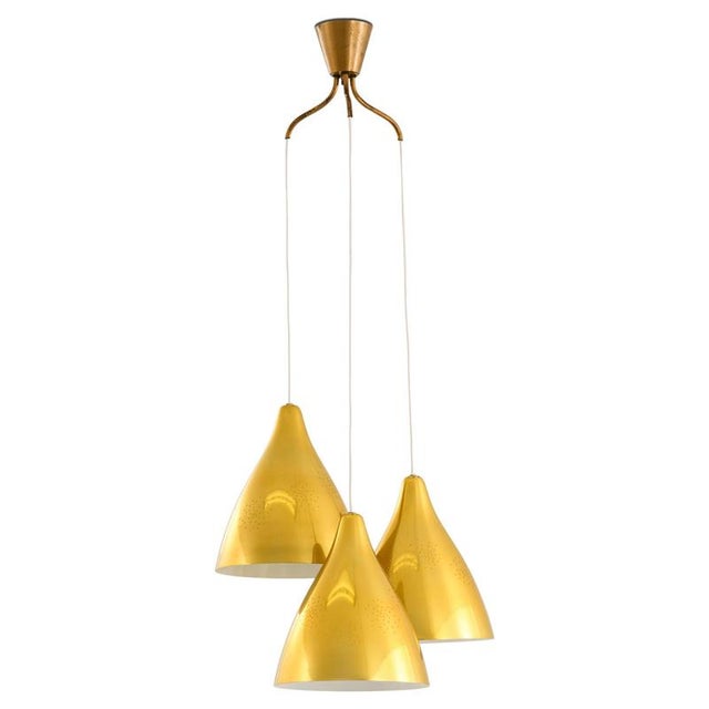 1950s Ceiling Lamp with 3 Conical Brass Shades attributed to Lisa Johansson-Pape, 1950s For Sale - Image 5 of 5
