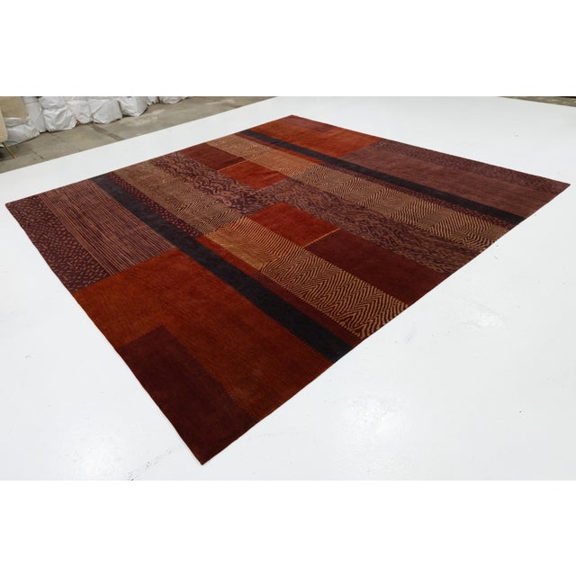 Modern Modern Tibetan Hand-Knotted Wool & Silk Rug With Patchwork Design in Red Tones For Sale - Image 3 of 10