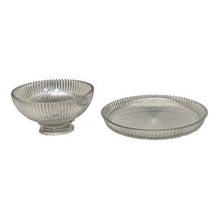 Vintage Ribbed Glassware Footed Bowl and Matching Underplate, Circa 1930s to the 1960s For Sale