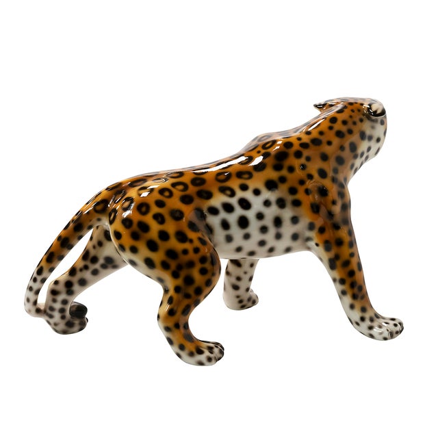 Mid-Century Modern Large Vintage Italian Hand Made Glazed Ceramic Leopard Sculpture, 1980s For Sale - Image 3 of 6