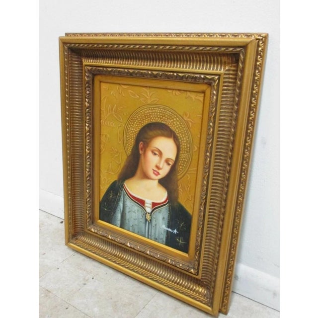 Religious 1980s Small Gold Gilt Carved Framed Religious Woman Bust Oil Painting For Sale - Image 3 of 11