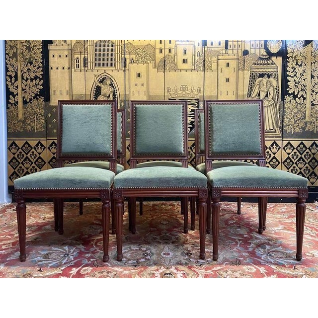 Louis Xvi Style Green Velvet Chairs, Set of 6 For Sale - Image 10 of 10