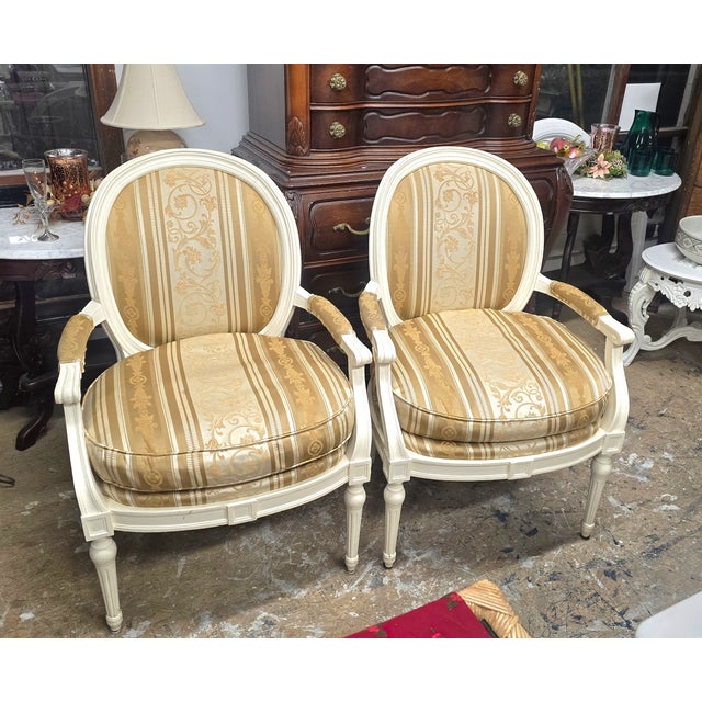 Vintage Painted French Country Upholstered Arm Chairs a Pair For Sale - Image 10 of 11