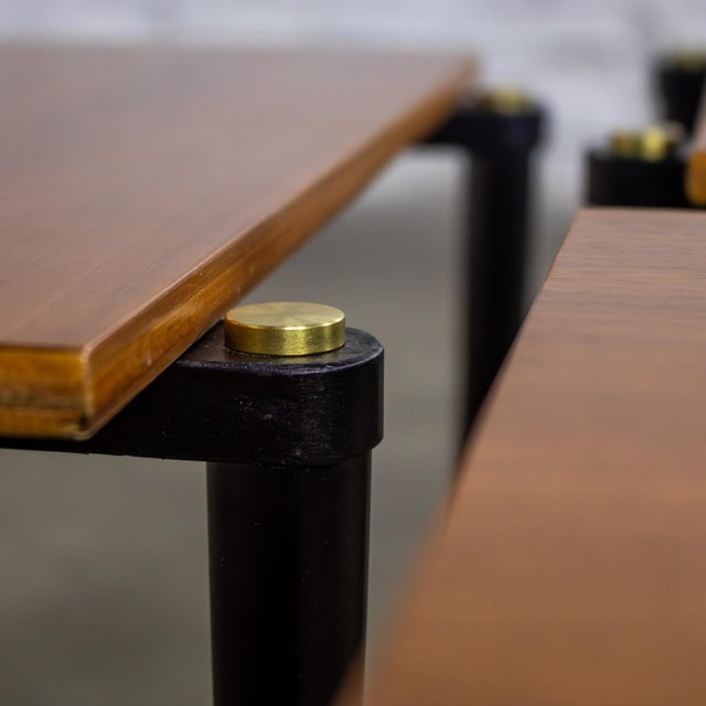 Wood Mid-20th Century MCM Stacking Tables Walnut Veneer Tops Brass and Ebonized Legs Set of 3 For Sale - Image 7 of 18
