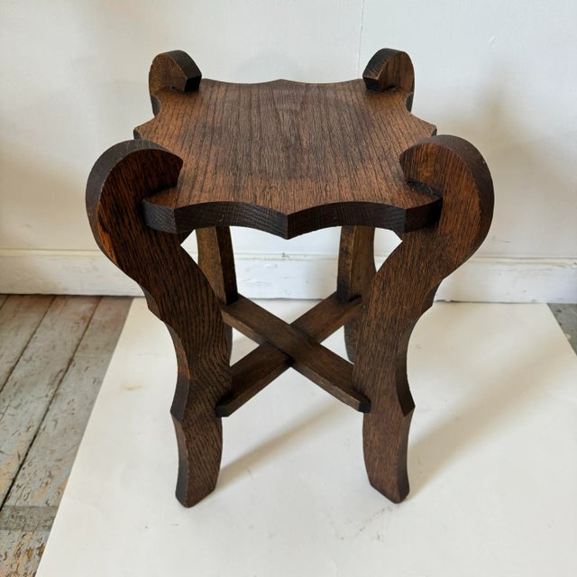 Wood Vintage Arts & Crafts Plant Stand Petite Oak Side Table For Sale - Image 7 of 9