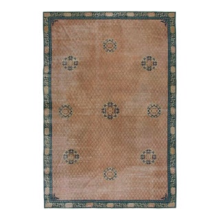 Pretty Rose Background Color With Geometric Design Antique Chinese Rug For Sale