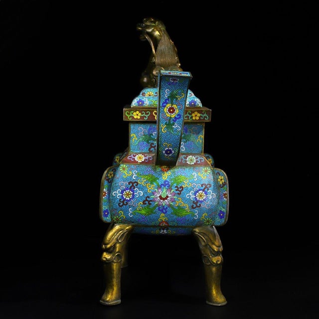Chinese Cloisonné Incense Burner | Gilt Bronze Celestial Dog Finial & Floral Motif For Sale - Image 4 of 10