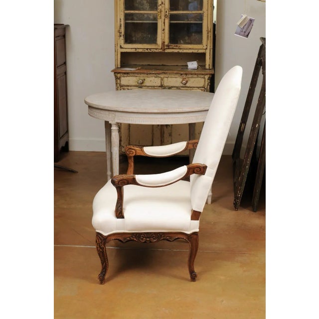 French 1840s Louis XV Style Walnut Fauteuil with Carved Accents and Upholstery For Sale - Image 10 of 12