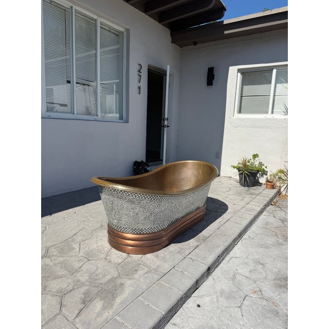 Designer Copper Freestanding Soaking Tub W/ Mosaic Exterior For Sale - Image 4 of 6