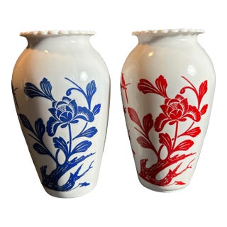 Vintage 1940’s Anchor Hocking Milk Glass Chinoiserie Style Red & Blue Decorated Pair of Vases For Sale