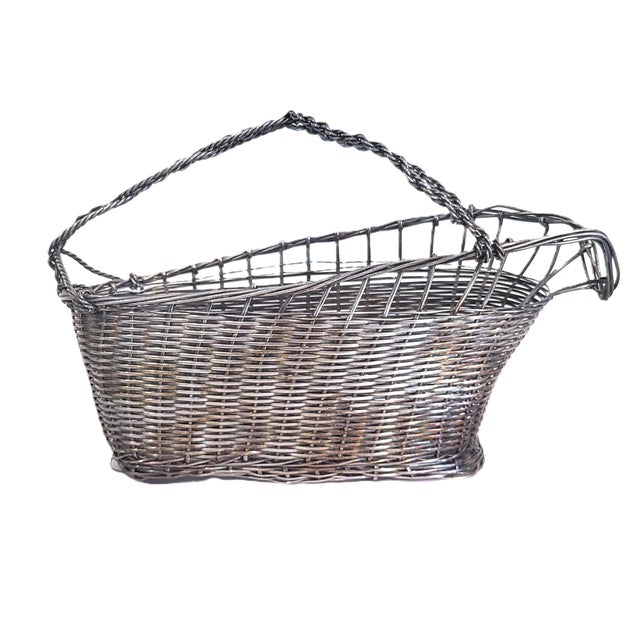 Vintage French Modern Woven Silver Plated Handled Wine Cradle Basket For Sale - Image 4 of 10