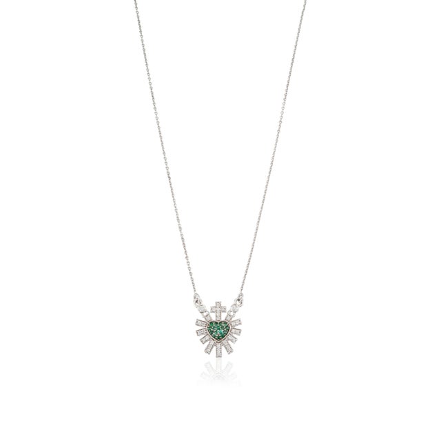 Metal Celestial 14k White Gold Emerald Diamond Sacred Heart Cross Pendant Necklace For Sale - Image 7 of 15