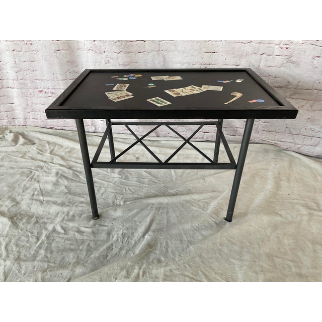 Italian Scagliola Inlaid Game/Side Table. Table features a black scagliola-inlaid top decorated with whimsical gaming...