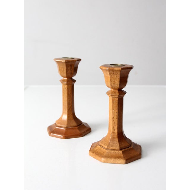 Vintage Wooden Candlestick Holders Pair For Sale - Image 6 of 9