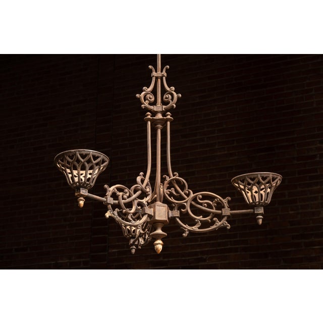 Early 20th Century Antique Cast Iron Gothic Revival Three-Light Chandelier For Sale - Image 5 of 13