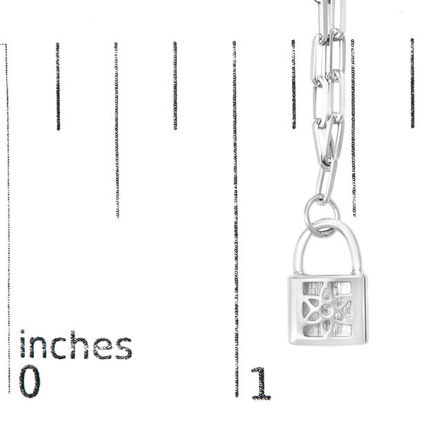 Metal .925 Sterling Silver 1/10 Cttw Round Diamond Lock Pendant 18" Paperclip Chin Necklace (H-I Color, SI For Sale - Image 7 of 7