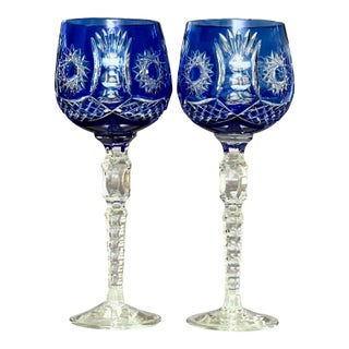 Vintage Cobalt Blue Cut to Clear Bohemian Wine Goblets - 2 Piece For Sale