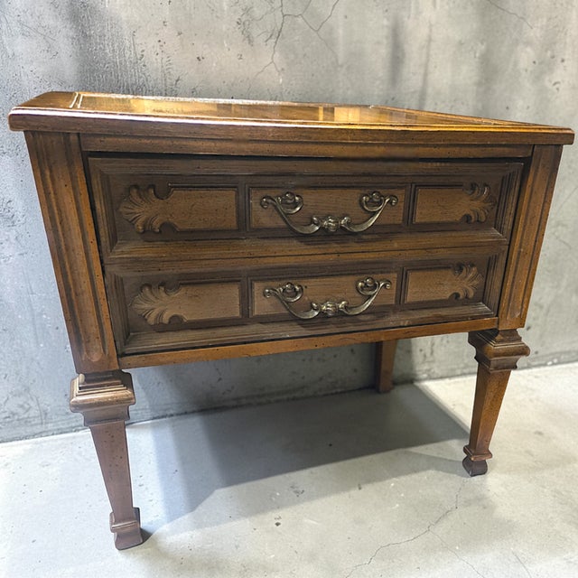 Mid-Century Italian Provincial style solid two drawer mahogany/cherry end table. This style of table and cabinet with like...