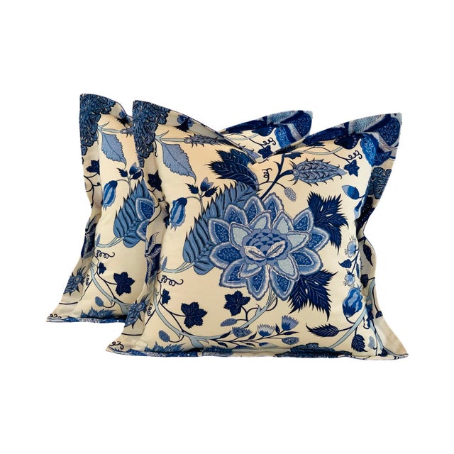 Designer Thibaut Blue & Cream "Dorchester" Botanical Floral Jacobean Leaf Pillow Covers- 21" Pair For Sale In Jacksonville, FL - Image 6 of 6