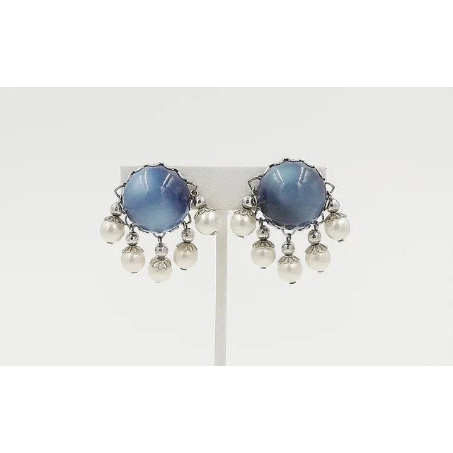 Mid-Century Modern Vintage 1950s Signed Napier Blue Moonglow Faux-Pearl Clip Earrings - 2 Pieces For Sale - Image 3 of 6