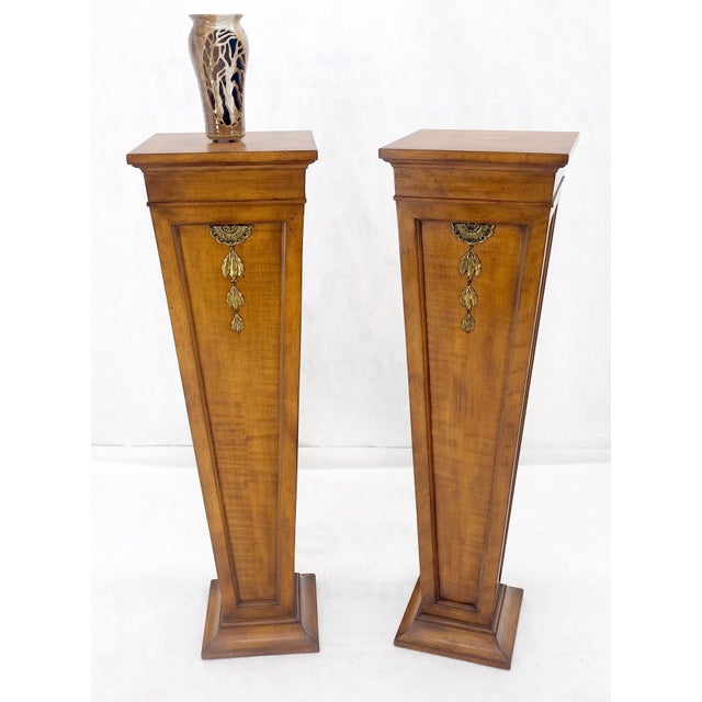 1970s Pair of Tapered Light Tiger Maple Bronze Mount Large Square Pedestals For Sale - Image 5 of 12