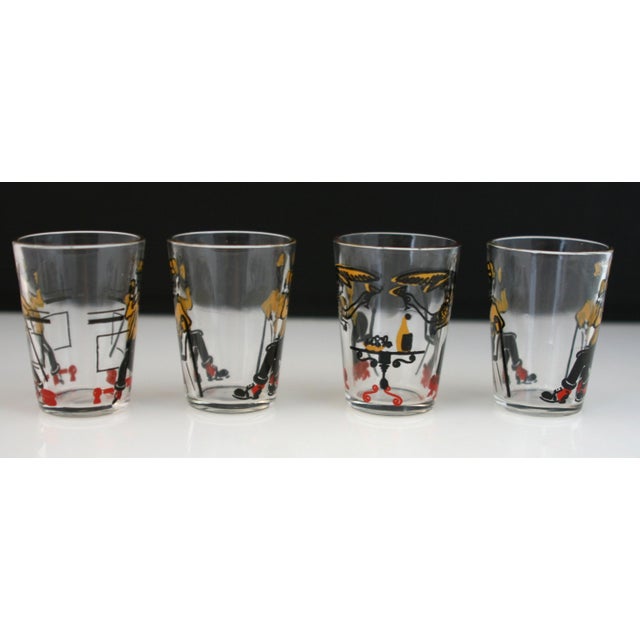Vintage Hazel-Atlas Shot Glasses Black Yellow Red Turn of the Century Bar Scenes- Set of 4 For Sale - Image 4 of 8