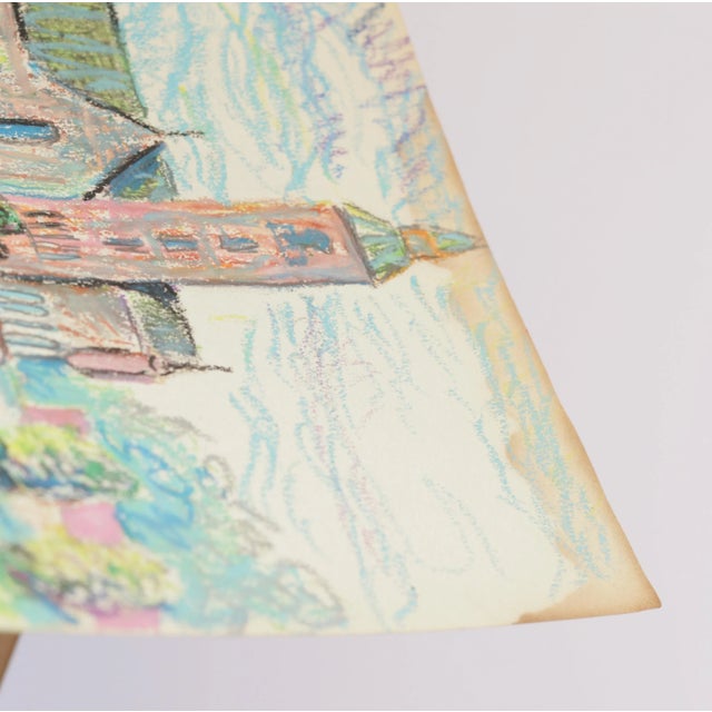 1950 Swedish Folk Art Oil Pastel Painting, Church in Pink, Sky Blue, Purple & Spring Green For Sale - Image 4 of 10