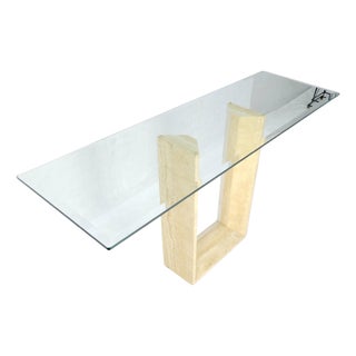 Travertine Sculptural Low Profile U Shape Base Glass Top Console Table MINT For Sale