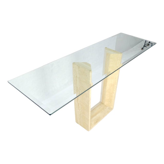 Travertine Sculptural Low Profile U Shape Base Glass Top Console Table MINT For Sale