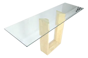 Travertine Sculptural Low Profile U Shape Base Glass Top Console Table MINT
