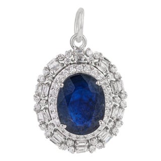 Natural 2.78ct Blue Sapphire & Diamond Cluster Art Deco Pendant in 14k Gold For Sale