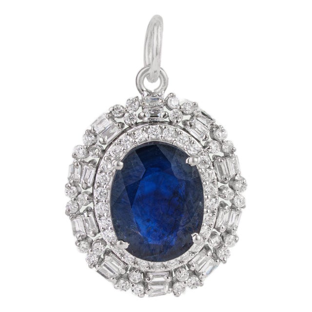 Natural 2.78ct Blue Sapphire & Diamond Cluster Art Deco Pendant in 14k Gold For Sale