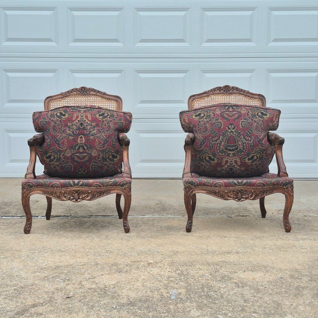 Late 20th Century Louis XV Carved Walnut Cane Back Arm Chairs Fauteuils, a Pair For Sale - Image 11 of 18