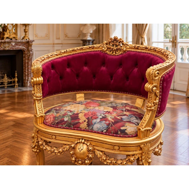 1970 French Artisan Louis XVI Gold Burgundy Sofa Set-3 Pc For Sale - Image 17 of 18