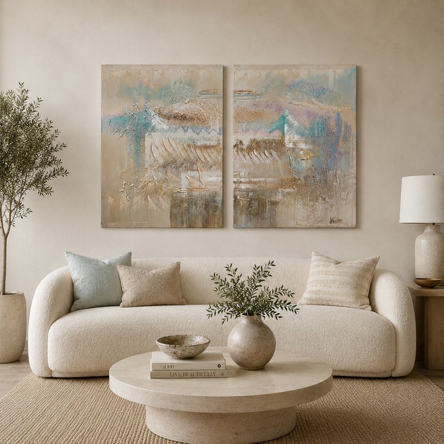 Vintage textured abstract landscape diptych signed Lee Reynolds, featuring soft aqua, blush, champagne, and ivory tones...