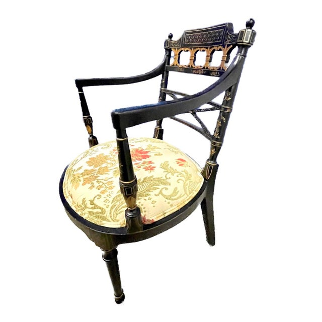 Vintage Baker furniture Charleston style ebony and gold painted side chair with leaf and floral velvet damask upholstered...