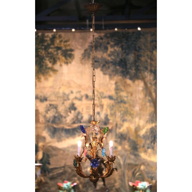 Gold Early 20th Century French Gilt Tole Three-Light Chandelier With Glass Flowers For Sale - Image 8 of 10