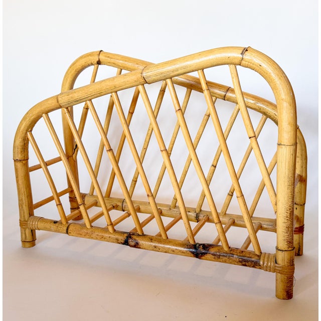 Wood Vintage Coastal Boho Bamboo Rattan Magazine Rack For Sale - Image 7 of 11