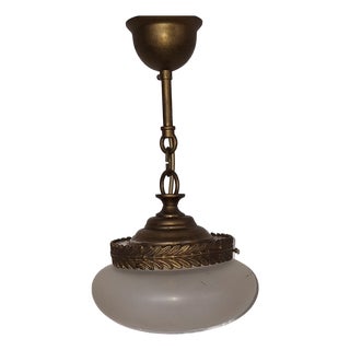 French Pendant Lamp with Metal Mounting and Decorated Glass Shade, 1930s For Sale