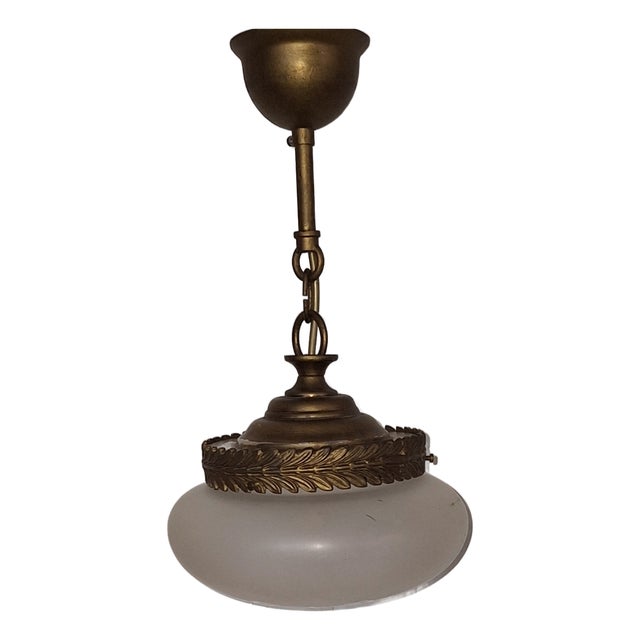 French Pendant Lamp with Metal Mounting and Decorated Glass Shade, 1930s For Sale