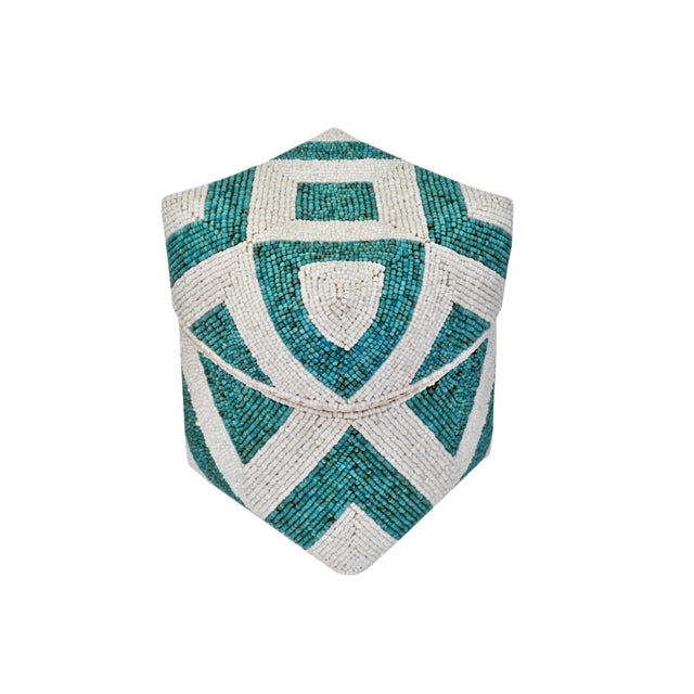 Turquoise & White Beaded Bamboo Box Small For Sale