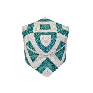 Turquoise & White Vintage Beaded Bamboo Box Small For Sale